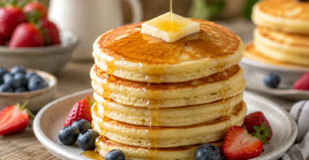 Easy fluffy pancakes with maple syrup and berries