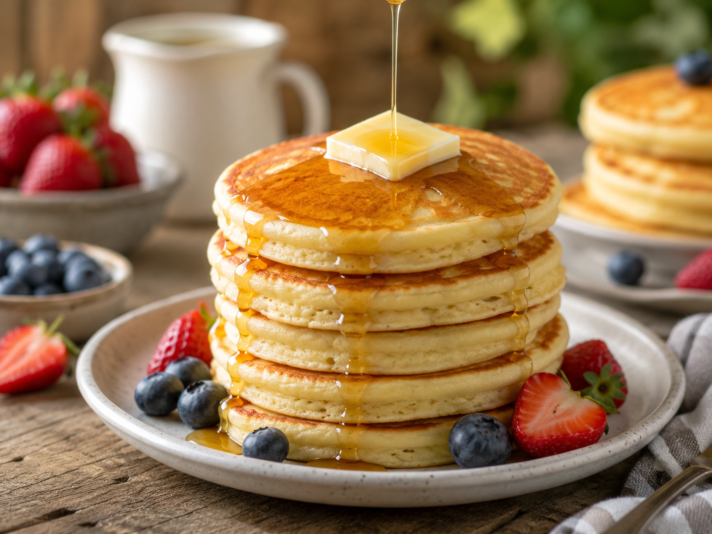 Easy fluffy pancakes with maple syrup and berries