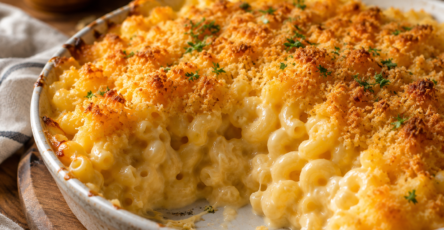 Easy baked mac and cheese with a golden breadcrumb topping