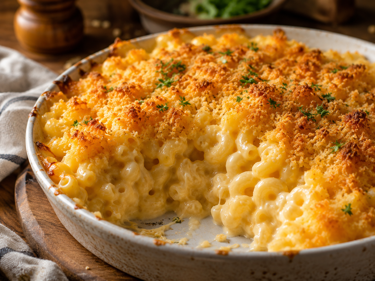 Easy baked mac and cheese with a golden breadcrumb topping